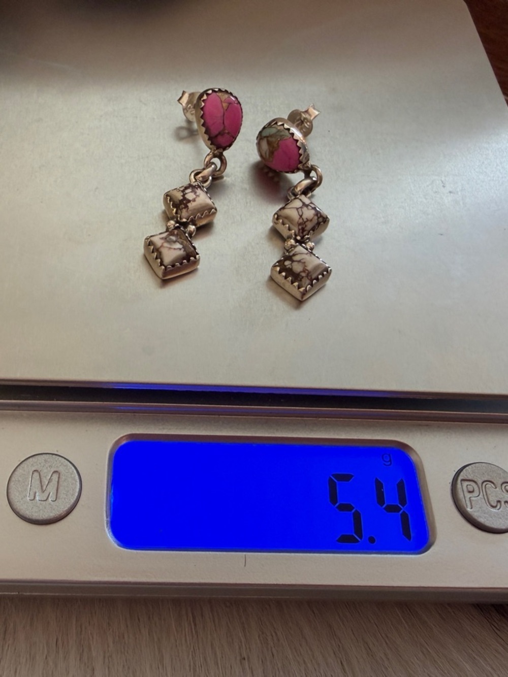 ❤️ Wild Horse Jasper & Cotton Candy Turquoise Post Back Dangle Sterling Earrings - Picture 11 of 15